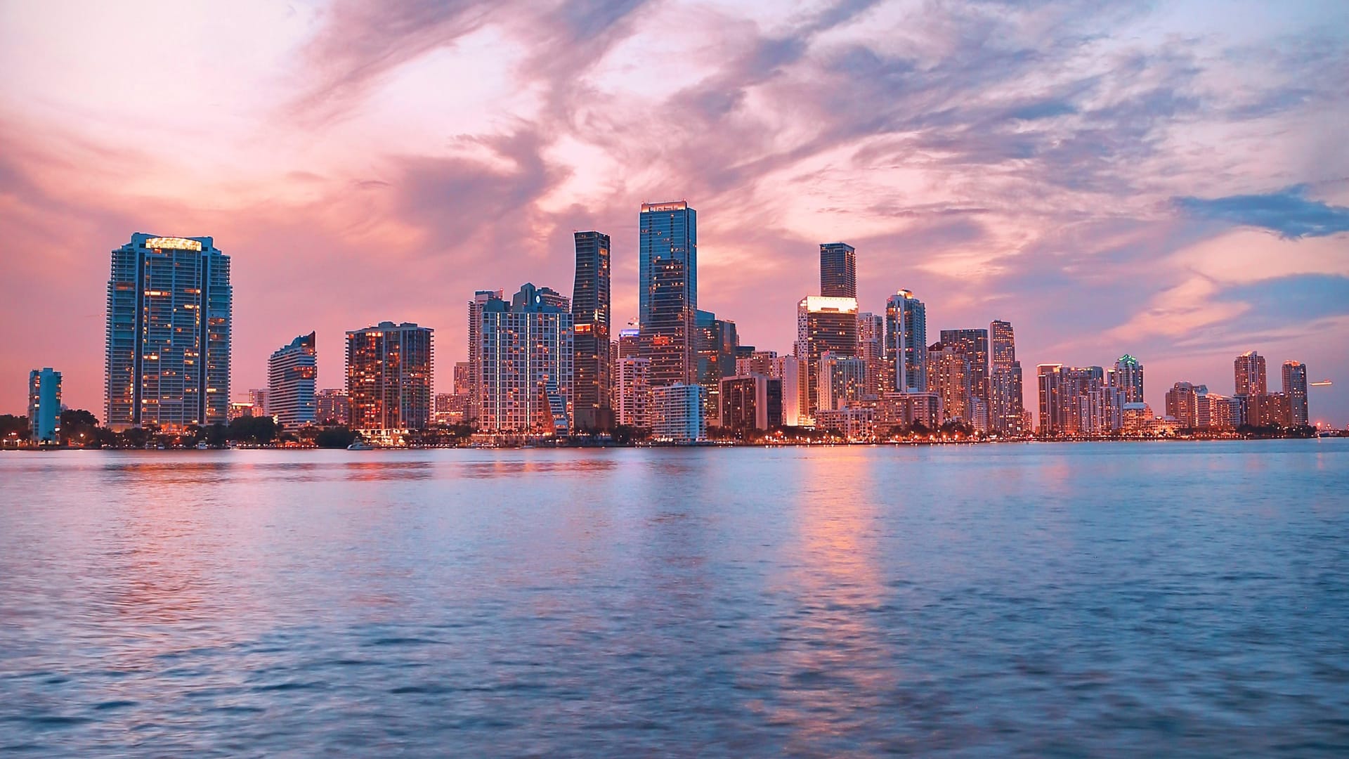 Financial skyline at sunrise